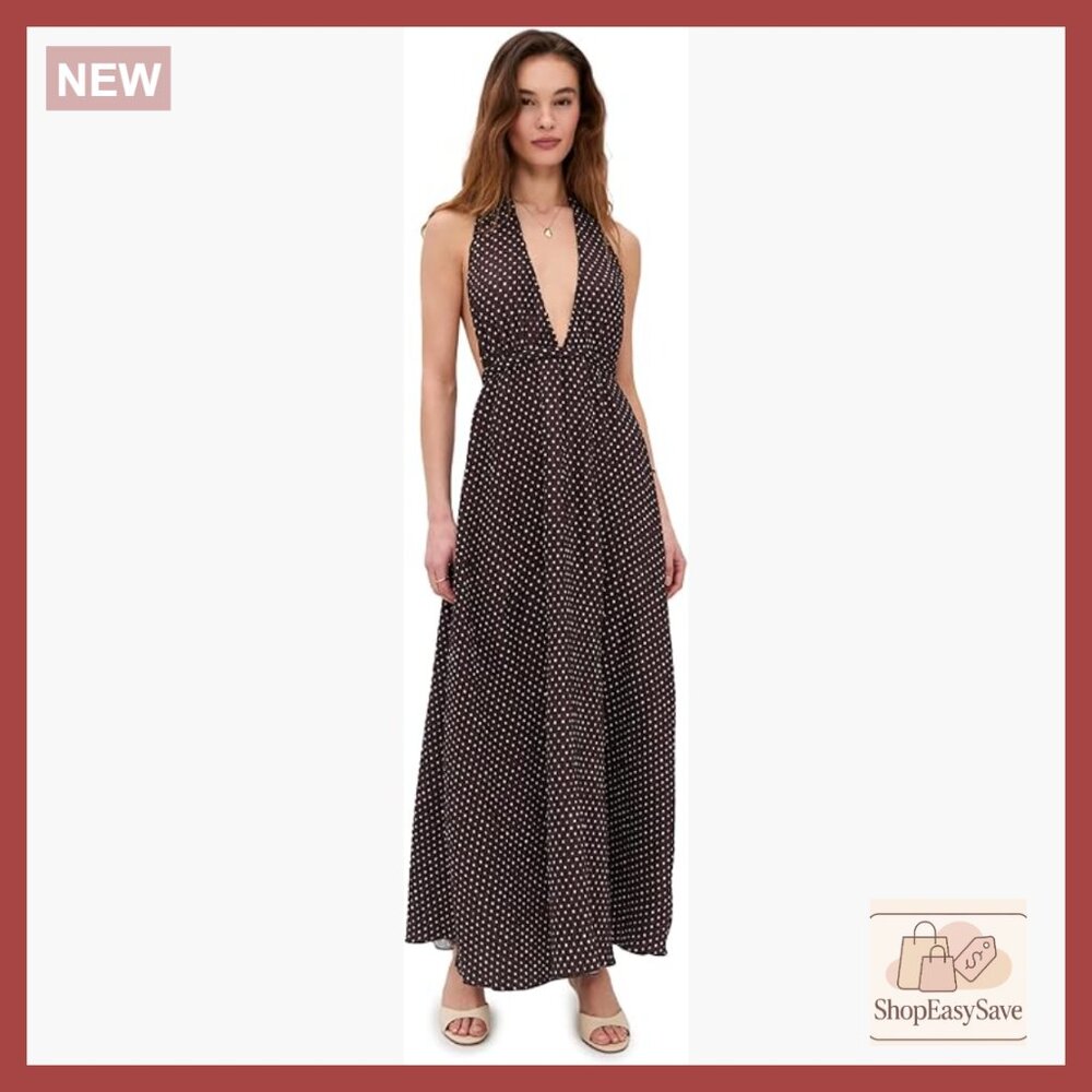 Polka Dot Maxi Dress Halter Neck Open Back Lightweight Stretch Plisse Elegant